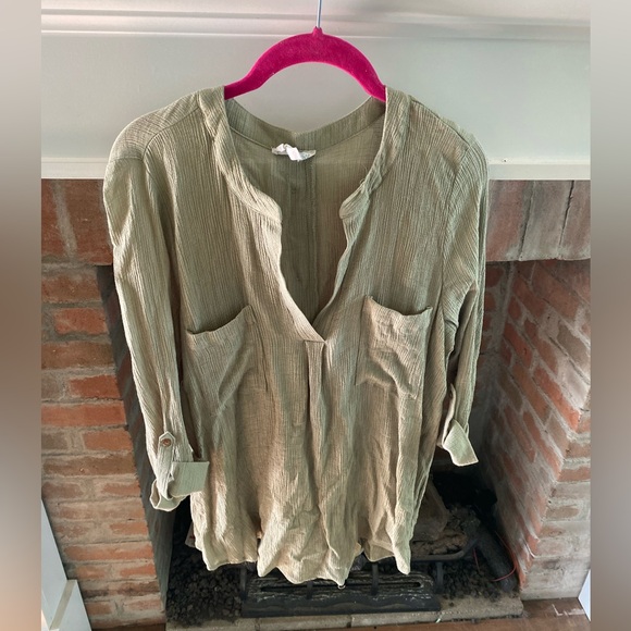 Perch Sage Green Button Back Lagenlook Crinkle Top Plus Size 1XL Curvy Casual - Picture 1 of 7